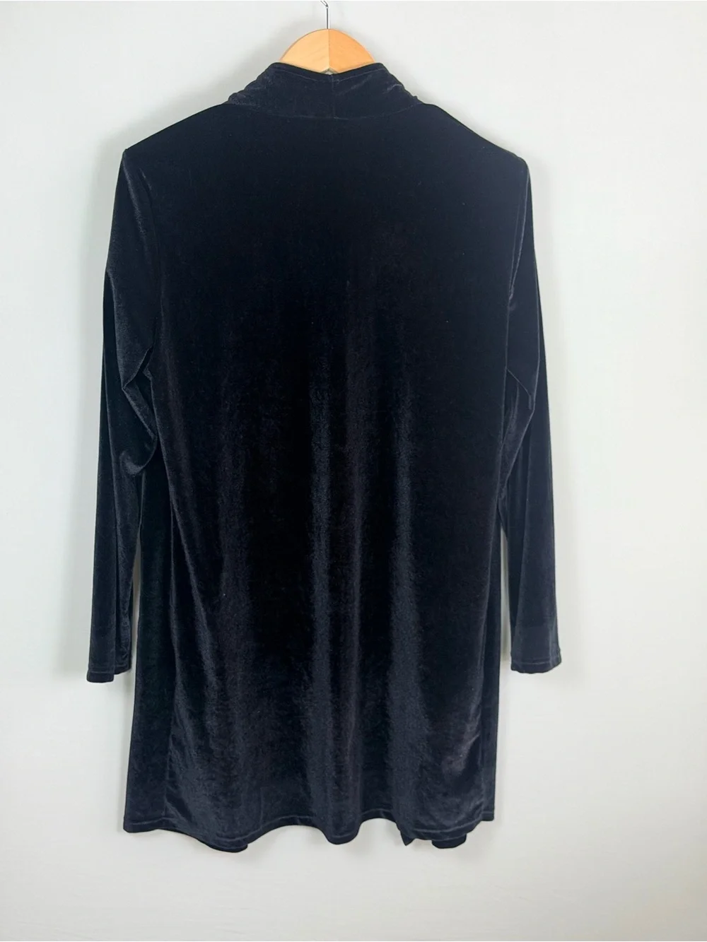 Black Velvet Open Front Cardigan Drape Pocket Soft Stretch Size Large
